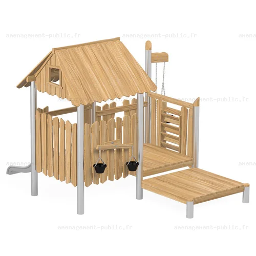 Cabane en bois de robinier pour aires de jeux extérieures.